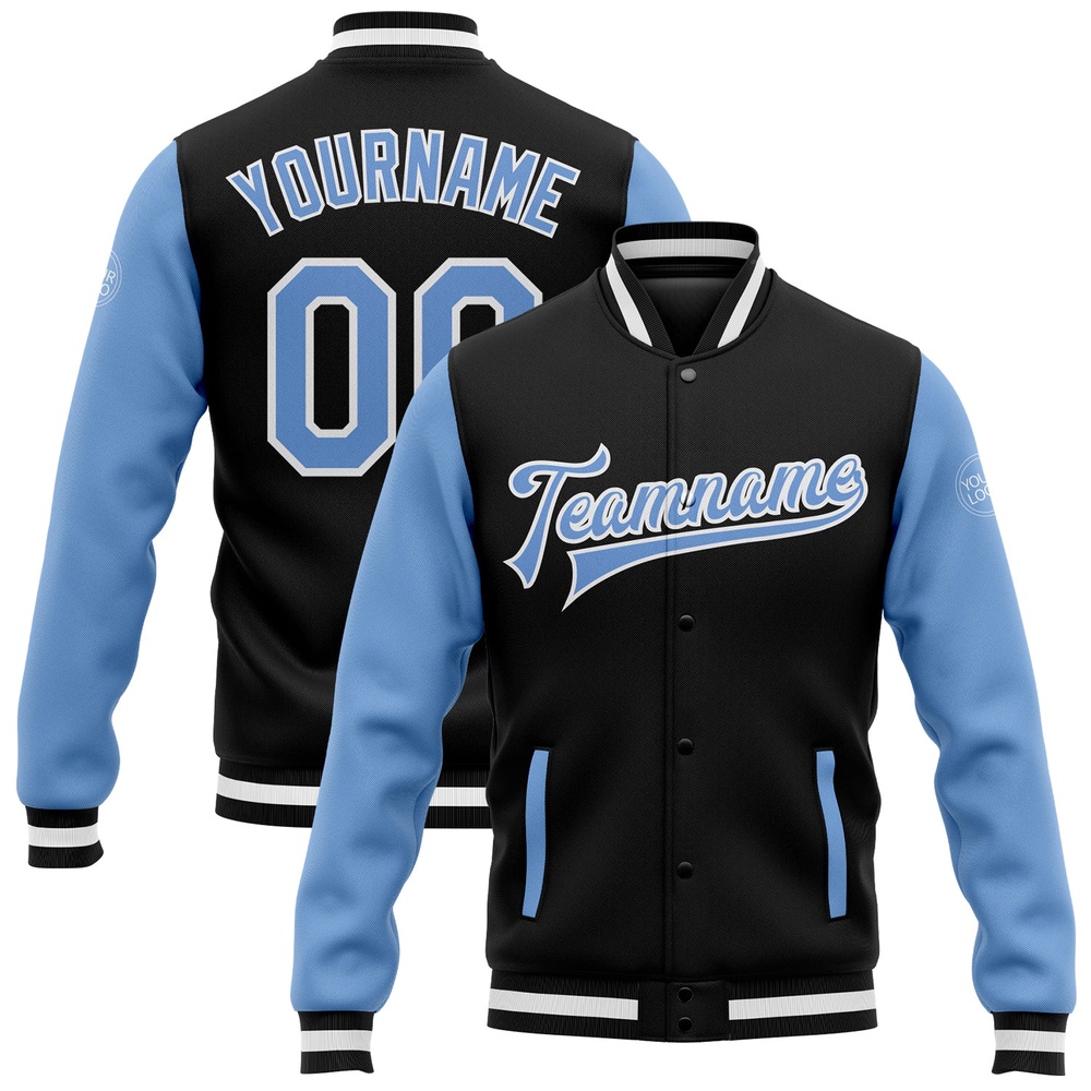 Custom Black Light Blue White Bomber Full Snap Varsity Baseball Jacket, Custom Team Jacket