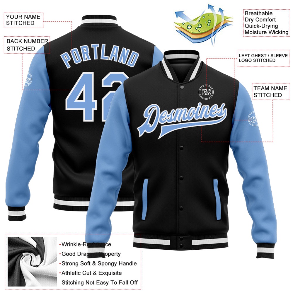 Custom Black Light Blue White Bomber Full Snap Varsity Baseball Jacket, Custom Team Jacket