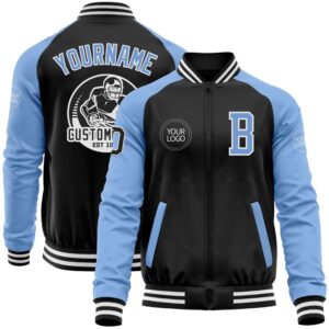 Custom Black Light Blue White Bomber Varsity…