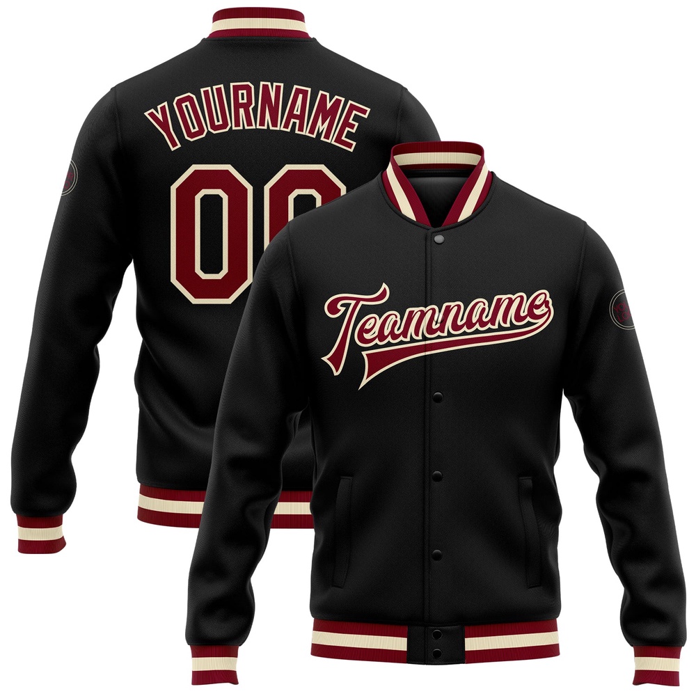 Custom Black Maroon Cream Bomber Full Snap Baseball Jacket, Custom Team Jacket Custom Black Maroon Cream Bomber Full Snap Baseball Jacket, Custom Team Jacket