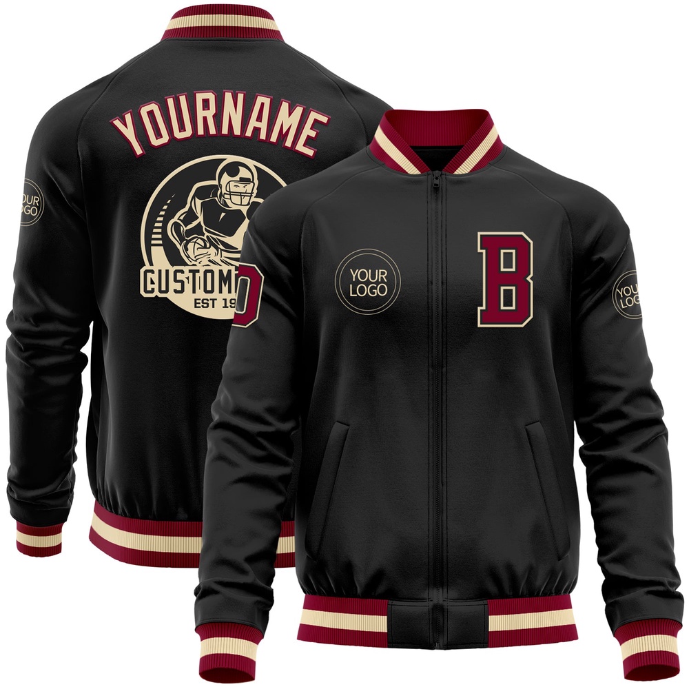 Custom Black Maroon Cream Bomber Varsity Baseball Jacket, Custom Team Jacket Custom Black Maroon Cream Bomber Varsity Baseball Jacket, Custom Team Jacket