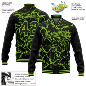 Custom Black Neon Green Abstract Network And Tiger 3D Pattern Design Bomber Full Snap Baseball Jacket Custom Team Jacket 2 dckeqz.jpg
