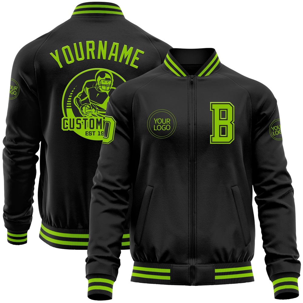Custom Black Neon Green Bomber Varsity Baseball Jacket, Custom Team Jacket