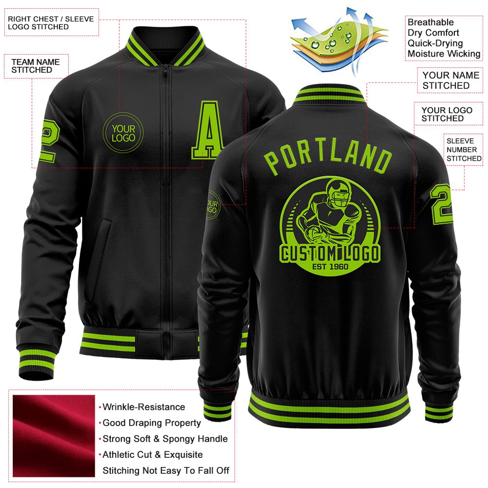 Custom Black Neon Green Bomber Varsity Baseball Jacket, Custom Team Jacket