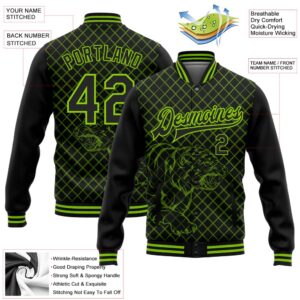 Custom Black Neon Green Check And Tiger 3D Pattern Design Bomber Full Snap Baseball Jacket Custom Team Jacket 2 bvetcw.jpg