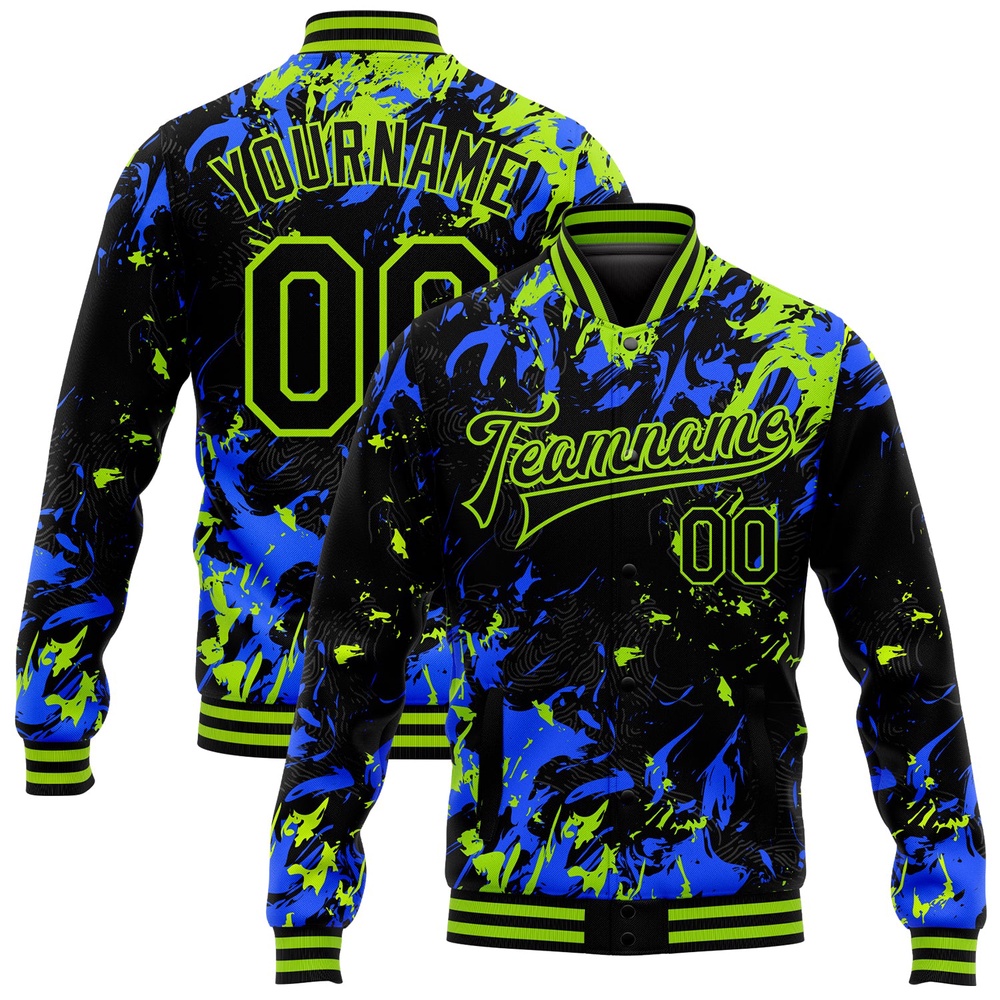 Custom Black Neon Green Royal 3D Pattern Design Bomber Full Snap Baseball Jacket, Custom Team Jacket
