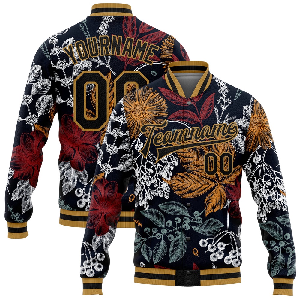 Custom Black Old Gold Flowers And Branches 3D Pattern Design Bomber Full Snap Baseball Jacket, Custom Team Jacket