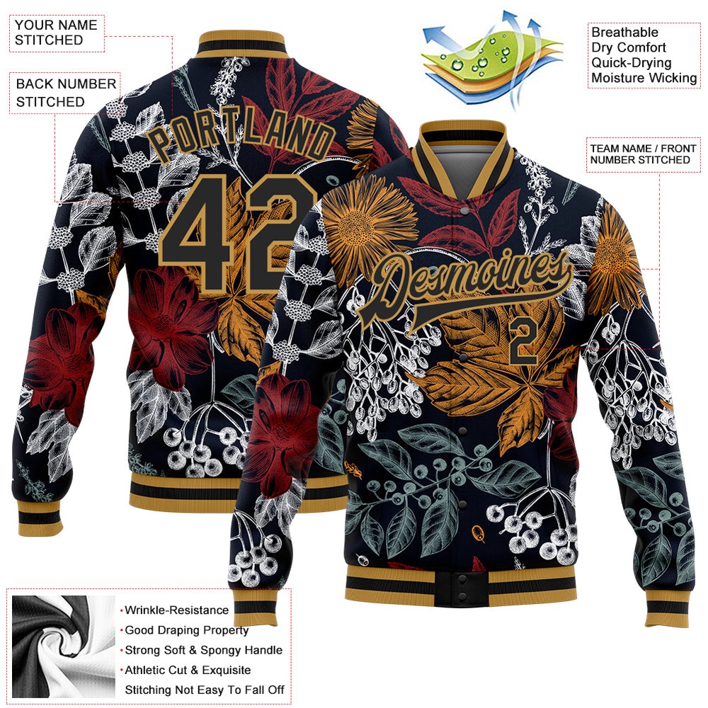Custom Black Old Gold Flowers And Branches 3D Pattern Design Bomber Full Snap Baseball Jacket, Custom Team Jacket