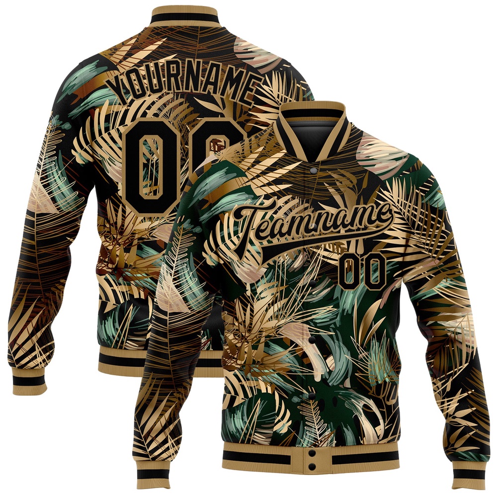 Custom Black Old Gold Hawaii Palm Trees 3D Bomber Full Snap Baseball Jacket, Custom Team Jacket