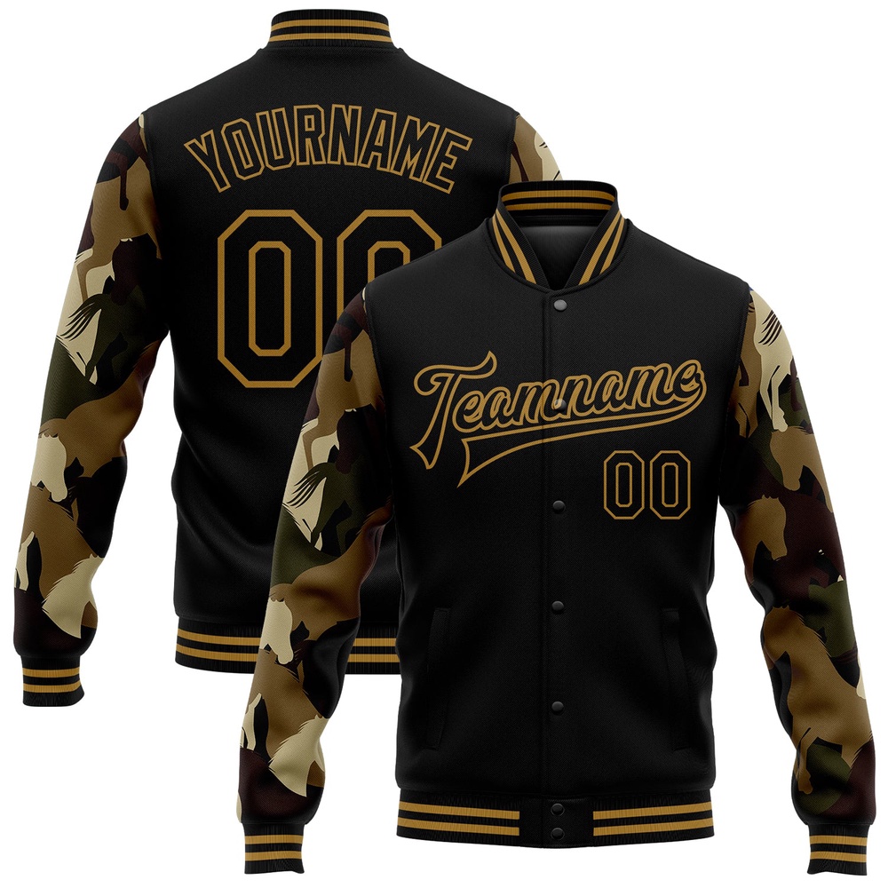 Custom Black Old Gold Horse Camo Sleeves 3D Pattern Design Bomber Full Snap Baseball Jacket, Custom Team Jacket