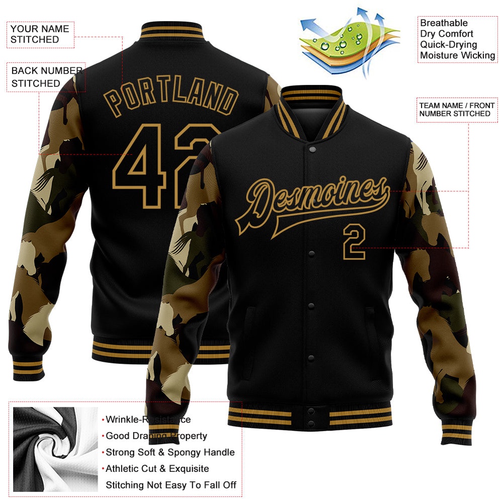Custom Black Old Gold Horse Camo Sleeves 3D Pattern Design Bomber Full Snap Baseball Jacket, Custom Team Jacket