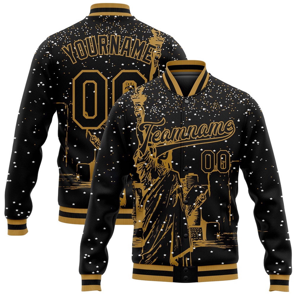 Custom Black Old Gold New York Statue of Liberty 3D Pattern Design Bomber Full Snap Baseball Jacket, Custom Team Jacket Custom Black Old Gold New York Statue of Liberty 3D Pattern Design Bomber Full Snap Baseball Jacket, Custom Team Jacket