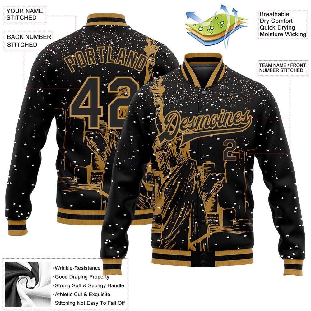 Custom Black Old Gold New York Statue of Liberty 3D Pattern Design Bomber Full Snap Baseball Jacket, Custom Team Jacket Custom Black Old Gold New York Statue of Liberty 3D Pattern Design Bomber Full Snap Baseball Jacket, Custom Team Jacket