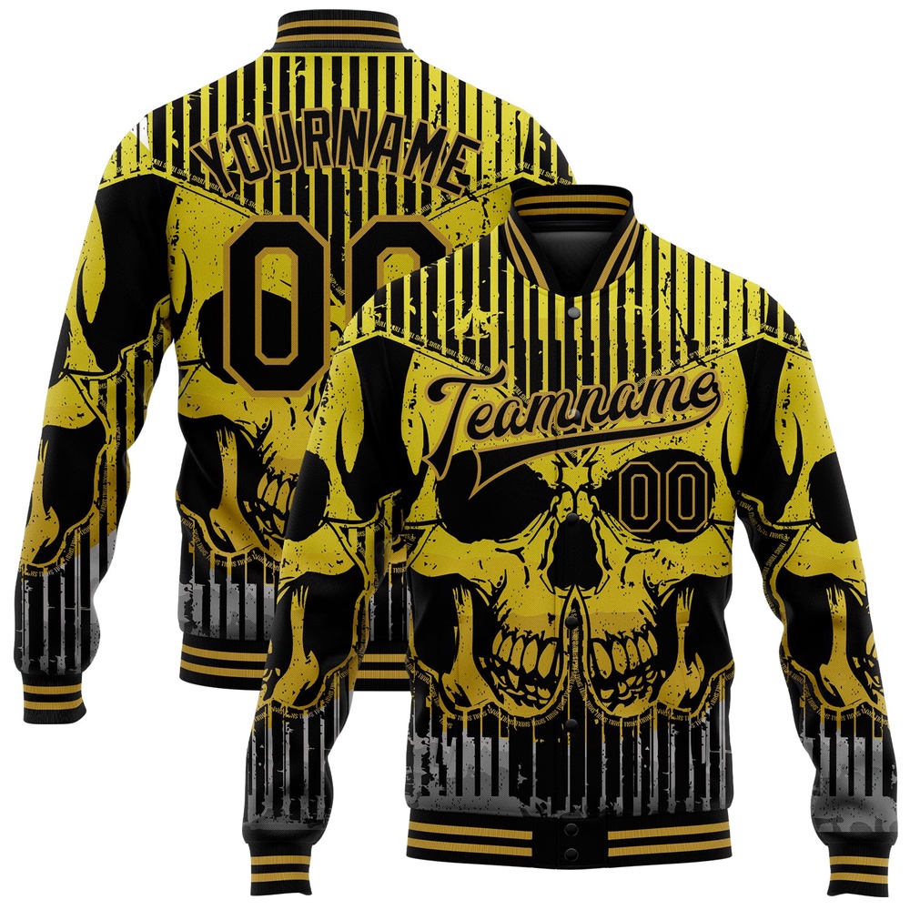Custom Black Old Gold Skull With Butterfly 3D Bomber Full Snap Baseball Jacket, Custom Team Jacket