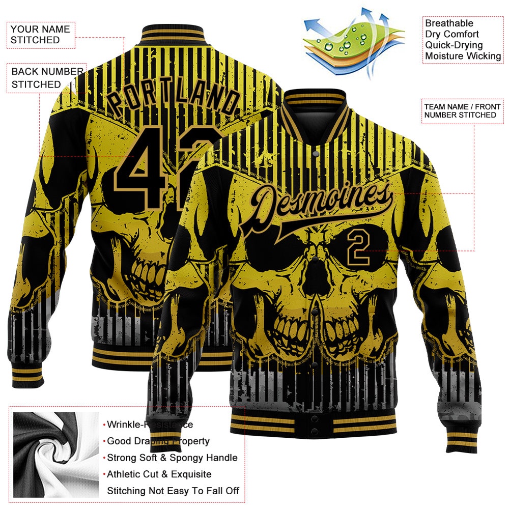 Custom Black Old Gold Skull With Butterfly 3D Bomber Full Snap Baseball Jacket, Custom Team Jacket