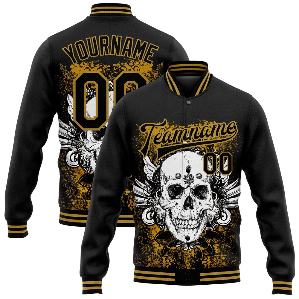 Custom Black Old Gold Skull With Wing 3D Bomber Full Snap Baseball Jacket, Custom Team Jacket