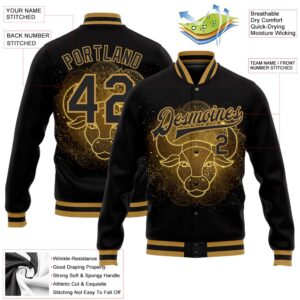 Custom Black Old Gold Taurus 3D Pattern Design Bomber Full Snap Baseball Jacket Custom Team Jacket 2 utz5e1.jpg