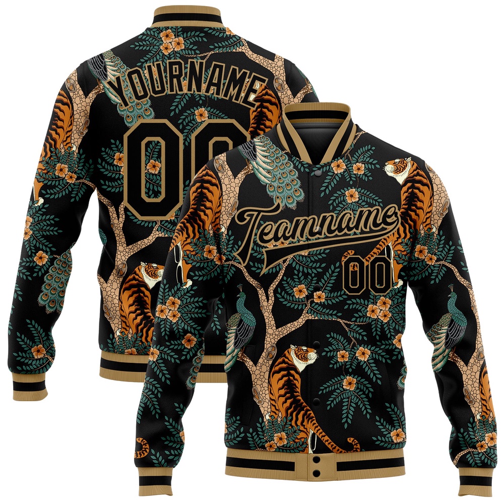 Custom Black Old Gold Tiger And Peacock 3D Pattern Design Bomber Full Snap Baseball Jacket, Custom Team Jacket