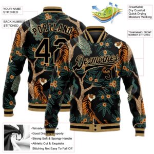 Custom Black Old Gold Tiger And Peacock 3D Pattern Design Bomber Full Snap Baseball Jacket Custom Team Jacket 2 c8emw5.jpg