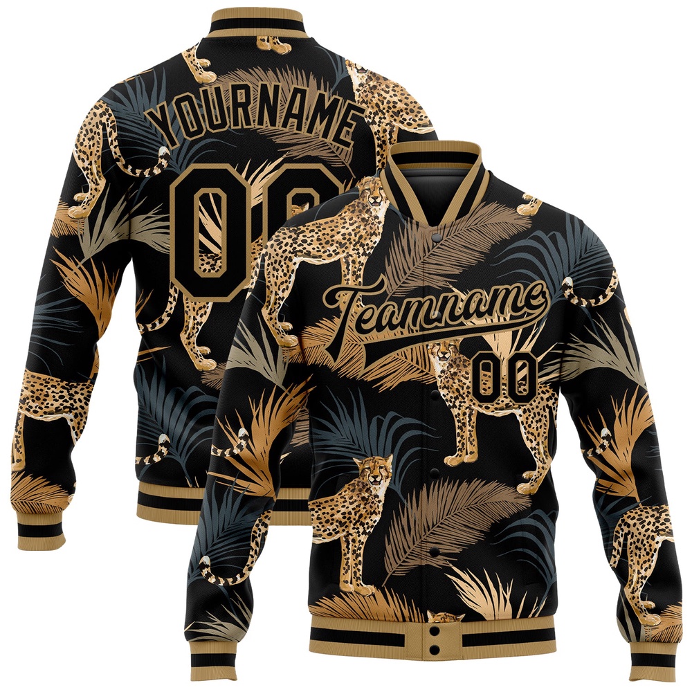 Custom Black Old Gold Tropical Leopard With Palms 3D Pattern Design Bomber Full Snap Baseball Jacket, Custom Team Jacket