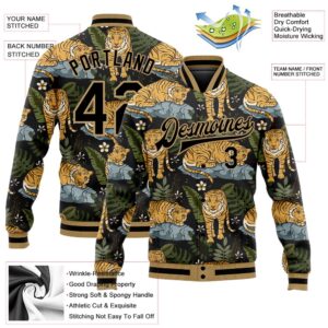 Custom Black Old Gold Tropical Tiger With Palms 3D Pattern Design Bomber Full Snap Baseball Jacket Custom Team Jacket 2 rs3vk2.jpg