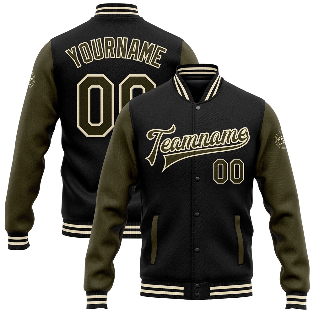 Custom Black Olive Cream Bomber Full Snap Varsity Baseball Jacket, Custom Team Jacket