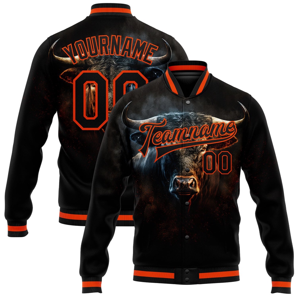 Custom Black Orange Angry Violent Bulls Face 3D Pattern Design Bomber Full Snap Baseball Jacket, Custom Team Jacket