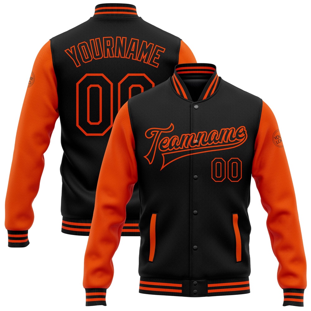 Custom Black Orange Bomber Full Snap Varsity Baseball Jacket, Custom Team Jacket