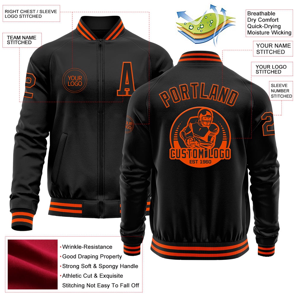 Custom Black Orange Bomber Varsity Baseball Jacket, Custom Team Jacket