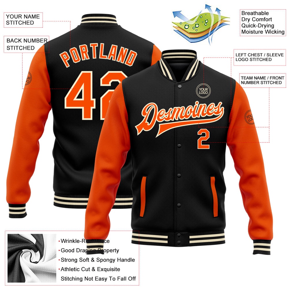 Custom Black Orange Cream Bomber Full Snap Varsity Baseball Jacket, Custom Team Jacket