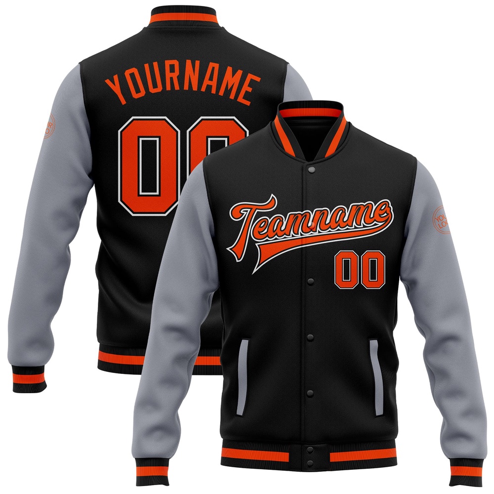 Custom Black Orange Gray Bomber Full Snap Varsity Baseball Jacket, Custom Team Jacket