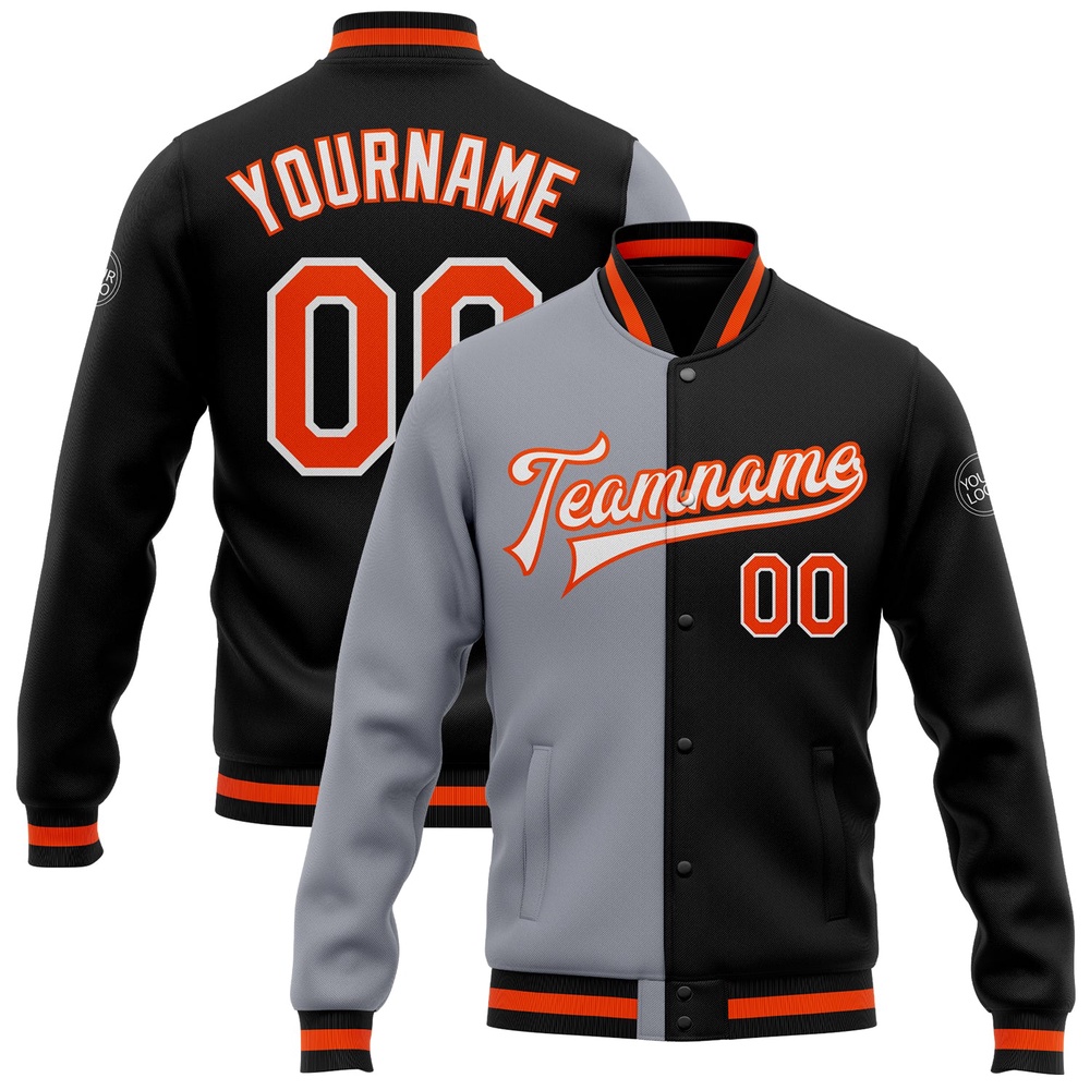 Custom Black Orange Gray Bomber Full Snap Varsity Letterman Split Fashion Jacket, Custom Team Jacket