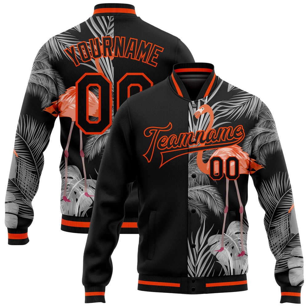 Custom Black Orange Gray Flamingo And Tropical Hawaii Palm Plants 3D Bomber Full Snap Baseball Jacket, Custom Team Jacket