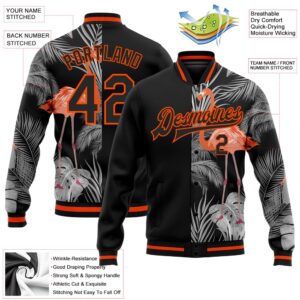 Custom Black Orange Gray Flamingo And Tropical Hawaii Palm Plants 3D Bomber Full Snap Baseball Jacket Custom Team Jacket 2 du2vrk.jpg