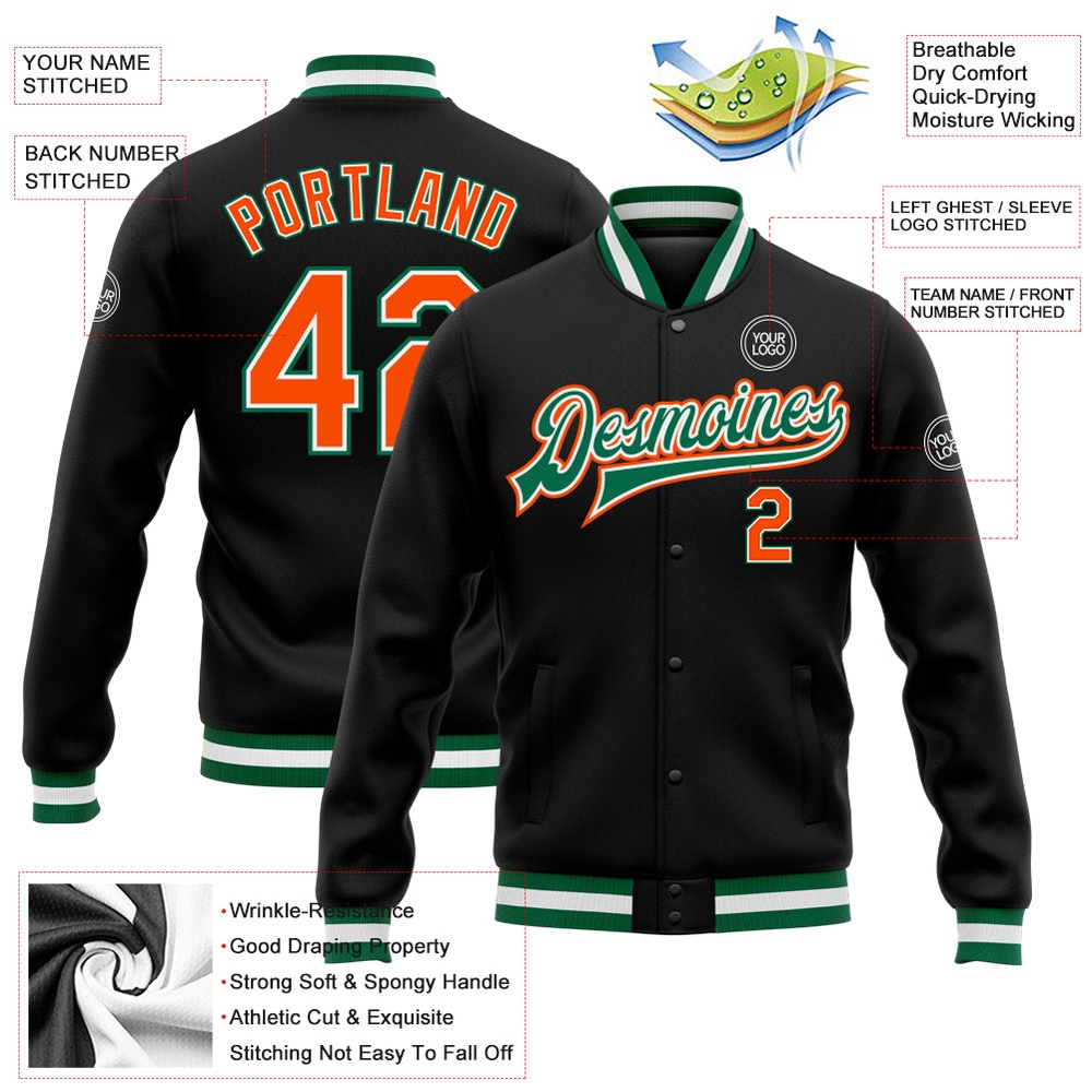 Custom Black Orange Kelly Green Bomber Full Snap Baseball Jacket, Custom Team Jacket