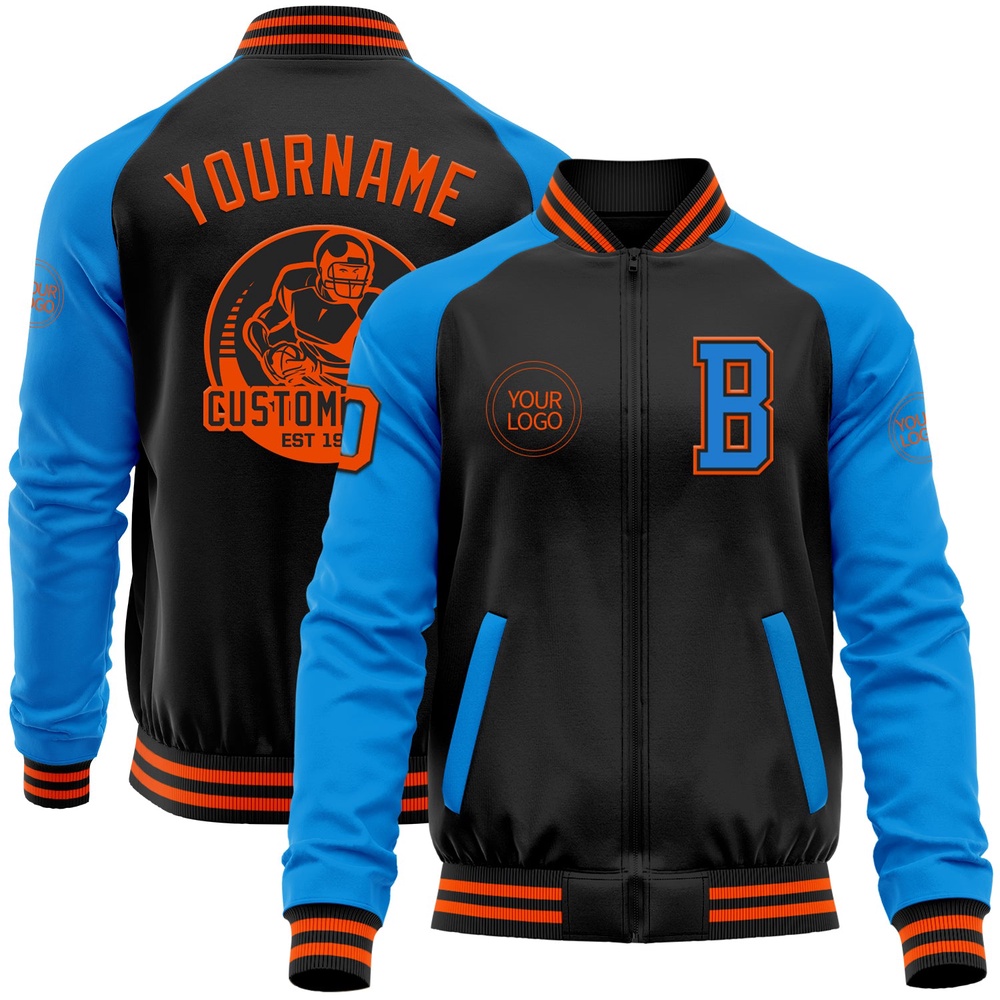 Custom Black Orange Powder Blue Bomber Varsity Baseball Jacket, Custom Team Jacket Custom Black Orange Powder Blue Bomber Varsity Baseball Jacket, Custom Team Jacket