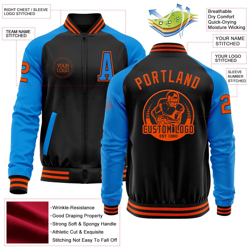 Custom Black Orange Powder Blue Bomber Varsity Baseball Jacket, Custom Team Jacket Custom Black Orange Powder Blue Bomber Varsity Baseball Jacket, Custom Team Jacket