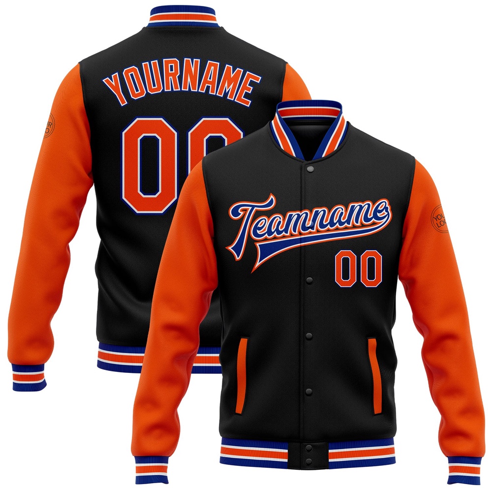 Custom Black Orange Royal Bomber Full Snap Varsity Baseball Jacket, Custom Team Jacket