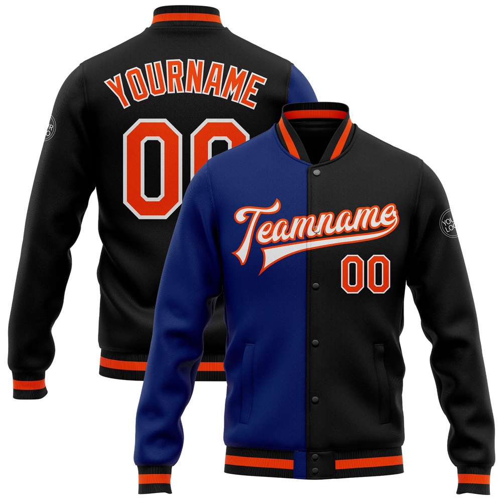Custom Black Orange Royal Bomber Full Snap Varsity Letterman Split Fashion Jacket, Custom Team Jacket
