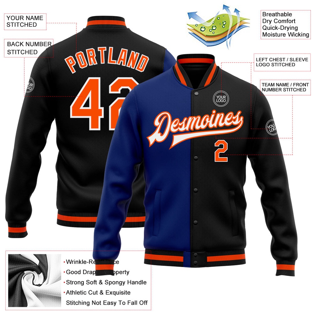 Custom Black Orange Royal Bomber Full Snap Varsity Letterman Split Fashion Jacket, Custom Team Jacket