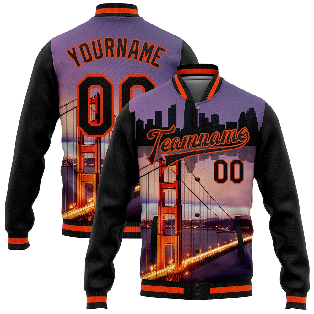 Custom Black Orange The Golden Gate Bridge San Francisco California City Edition 3D Bomber Full Snap Baseball Jacket, Custom Team Jacket