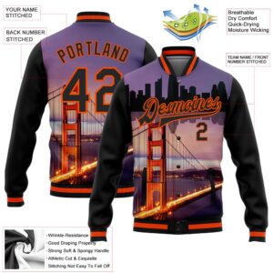 Custom Black Orange The Golden Gate Bridge San Francisco California City Edition 3D Bomber Full Snap Baseball Jacket Custom Team Jacket 2 ecf2wp.jpg