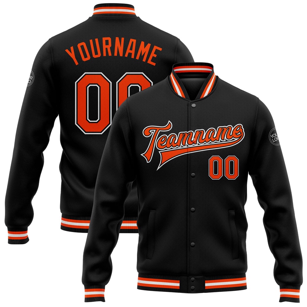 Custom Black Orange White Bomber Full Snap Baseball Jacket, Custom Team Jacket