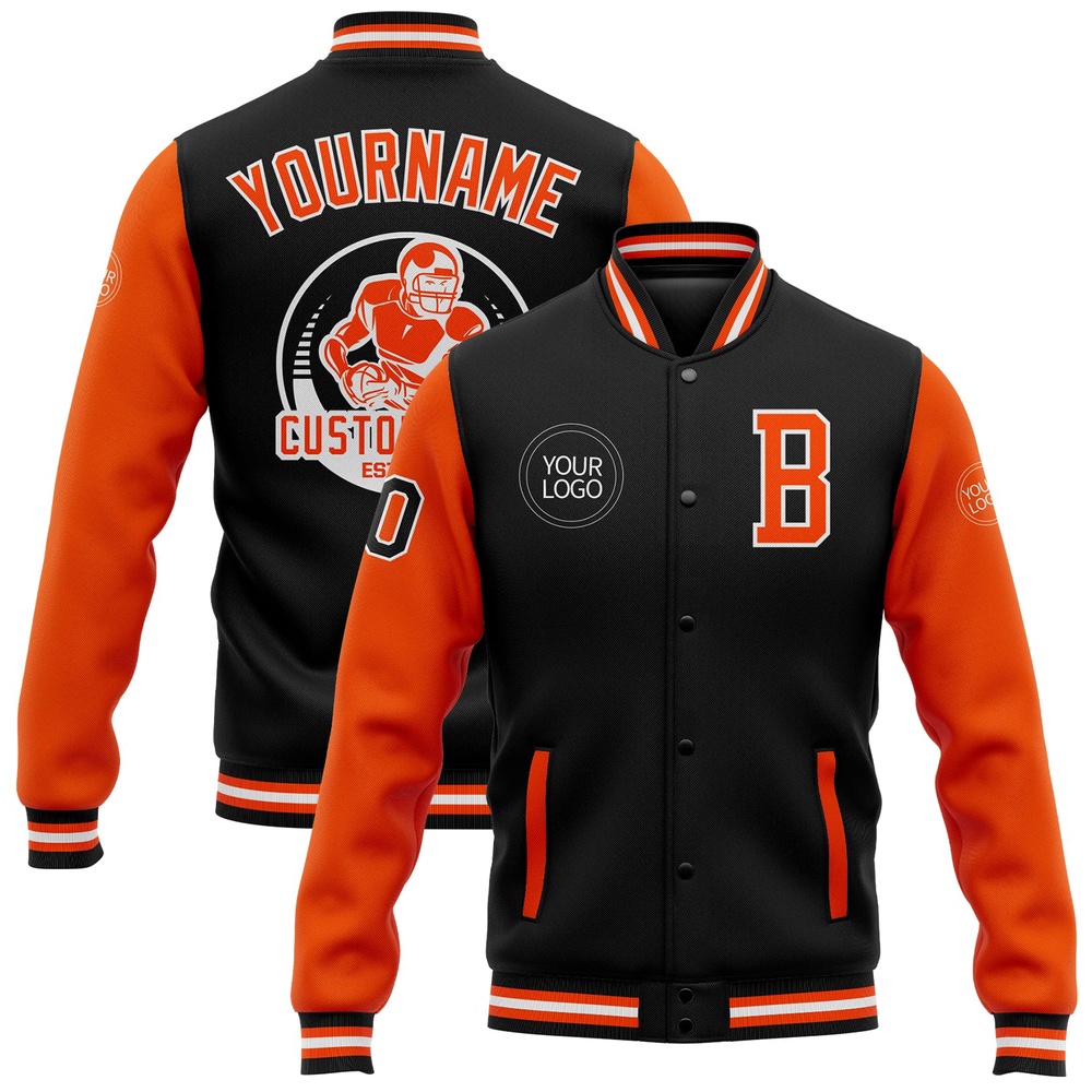 Custom Black Orange White Bomber Full Snap Varsity Baseball Jacket, Custom Team Jacket