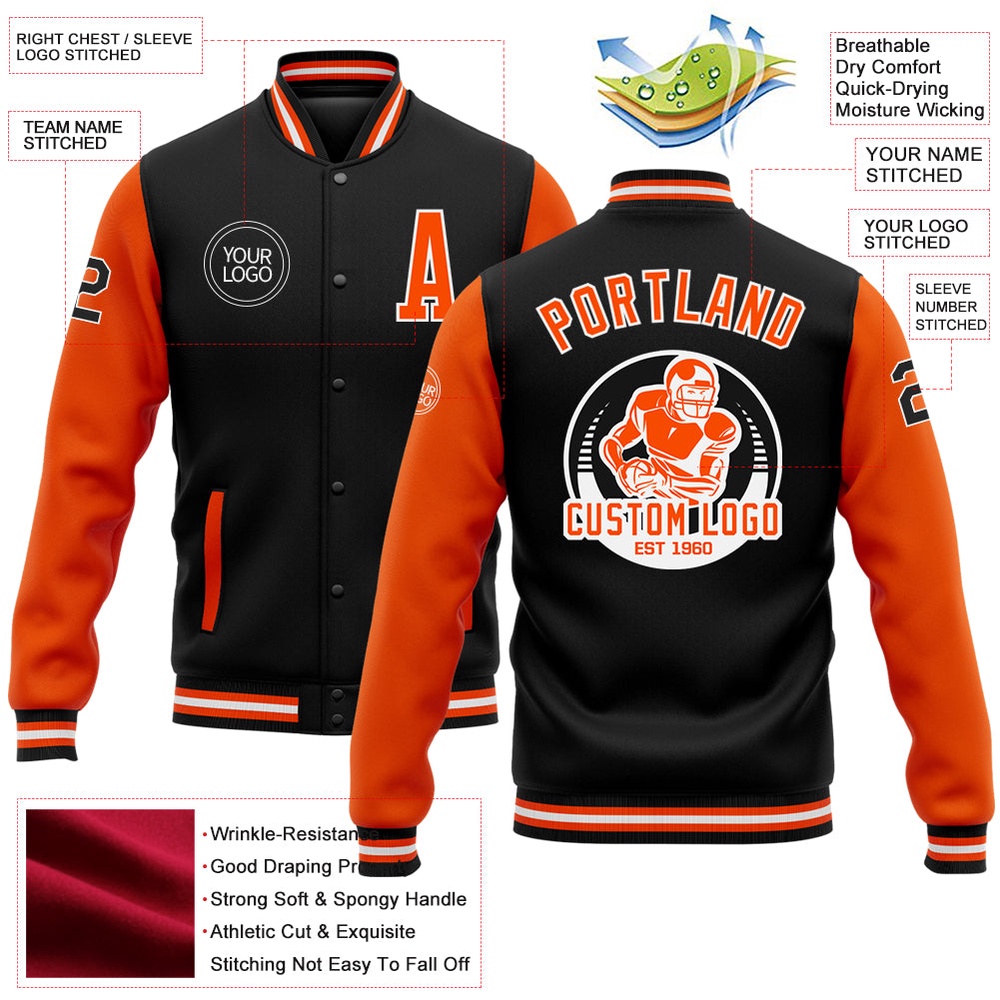 Custom Black Orange White Bomber Full Snap Varsity Baseball Jacket, Custom Team Jacket