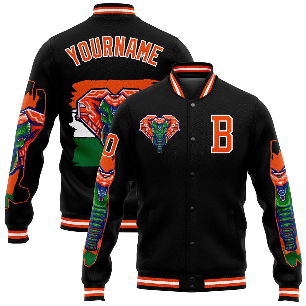 Custom Black Orange White Elephant 3D Pattern Design Bomber Full Snap Baseball Jacket, Custom Team Jacket Custom Black Orange White Elephant 3D Pattern Design Bomber Full Snap Baseball Jacket, Custom Team Jacket