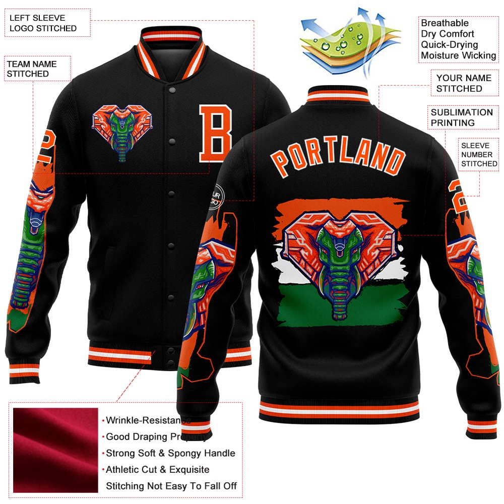 Custom Black Orange White Elephant 3D Pattern Design Bomber Full Snap Baseball Jacket, Custom Team Jacket Custom Black Orange White Elephant 3D Pattern Design Bomber Full Snap Baseball Jacket, Custom Team Jacket