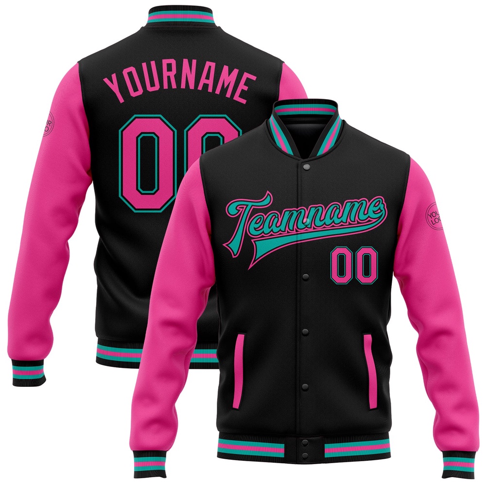 Custom Black Pink Aqua Bomber Full Snap Varsity Baseball Jacket, Custom Team Jacket