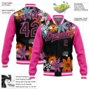 Custom Black Pink Flowers 3D Pattern Design Bomber Full Snap Baseball Jacket Custom Team Jacket 2 gvvpar.jpg