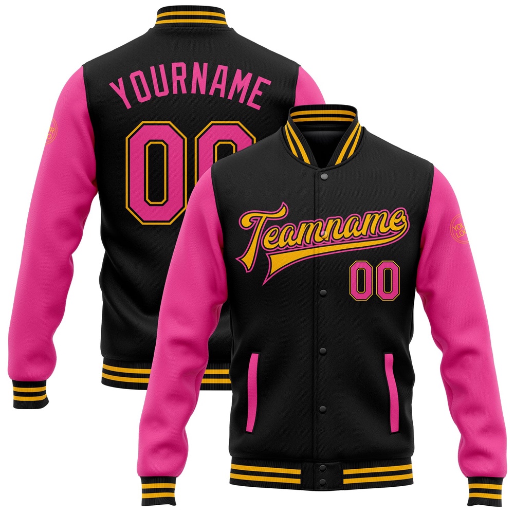 Custom Black Pink Gold Bomber Full Snap Varsity Baseball Jacket, Custom Team Jacket